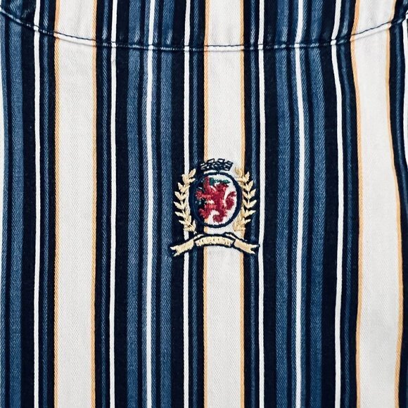 TOMMY HILFIGER Vintage Blue White Vertical Stripe Button Down Shirt Lion Logo XL - Picture 3 of 7
